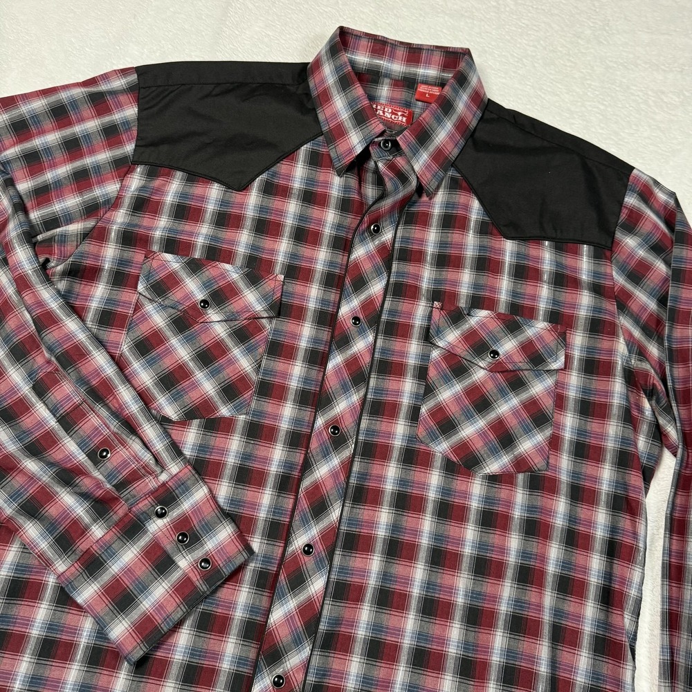 Red Ranch Shirt Mens Large Red Plaid Western Pearl Snap Long Sleeve Cowboy